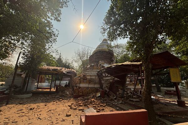 Damaged pagoda is seen in the aftermath of Friday's earthquake in Amarapura township, Mandalay, Myanmar, Wednesday, April 2, 2025. (AP Photo)