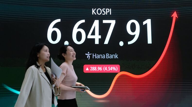 Currency traders pass by a screen showing the Korea Composite Stock Price Index (KOSPI) at the foreign exchange dealing room of the Hana Bank headquarters in Seoul, South Korea, Wednesday, Aug. 5, 2026. (AP Photo/Ahn Young-joon)