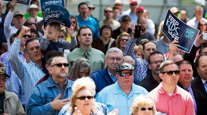 Proponents of a new state law that restricts transgender bathroom use and pre-empts local governments from creating their own anti-discrimination policies, at a rally outside the the North Carolina State Capitol in Raleigh, April 11. (Ray Whitehouse / The New York Times)