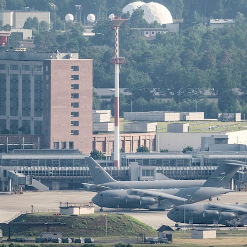 FILE -United States' Air Force transport aircrafts are seen on the tarmac at Ramstein US air base, in Landstuhl, Germany, June 23, 2025. (Boris Roessler/dpa via AP, File)