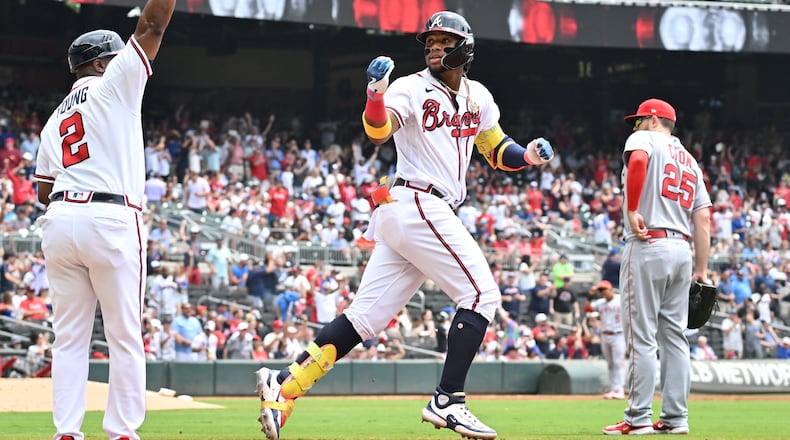 Braves right fielder Ronald Acuna Jr. hits three run home run against the Angels during the third inning at Truist Park, Wednesday, August 2, 2023, in Atlanta. (Hyosub Shin / Hyosub.Shin@ajc.com)