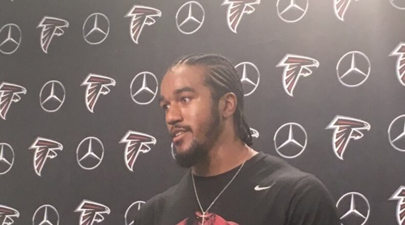 Vic Beasley discussing the offseason program on Tuesday, May 2, 2017. (By D. Orlando Ledbetter/dledbetter@ajc.com)