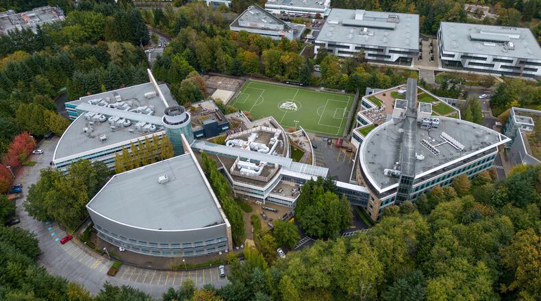 FILE - Electronic Arts' office and studio complex is seen in an aerial view, in Burnaby, British Columbia, on Sept. 29, 2025. (Darryl Dyck/The Canadian Press via AP, File)