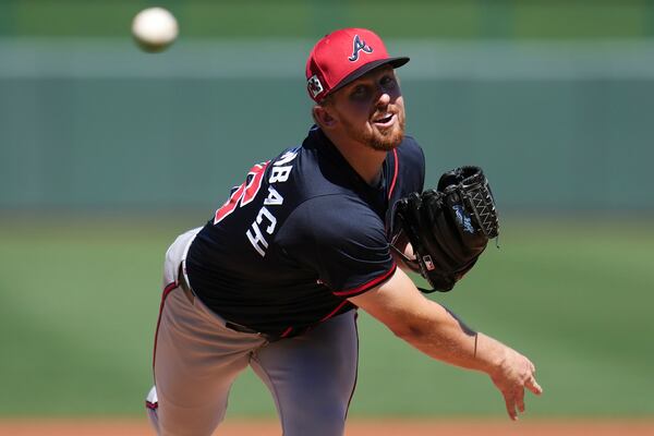Braves pitcher Spencer Schwellenbach warms up during a recent spring training game.