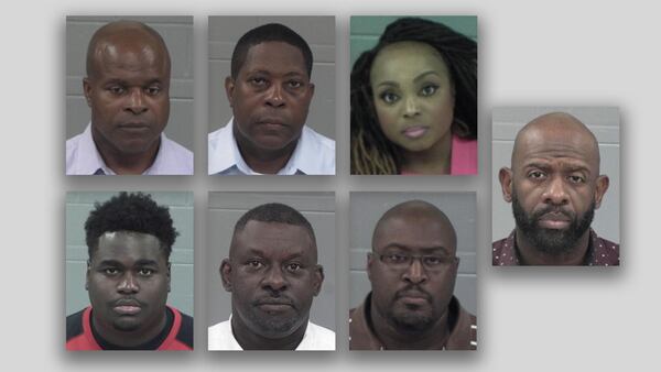 Seven people have been charged so  in an investigation of  prostitution connected to three people who worked at Fort Valley State University. Clockwise from top left, mugshots of Kenneth Howard, Charles E. Jones, Alecia Johnson, Earnest Harvey, Ryan Jenkins, Arthur James Nance and Devonte Little. (Peach County Sheriff)