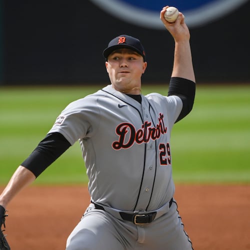 Detroit Tigers starting pitcher Tarik Skubal delivers against the Cleveland Guardians during the first inning of a baseball game, Saturday, June 13, 2026, in Cleveland. (AP Photo/Phil Long)
