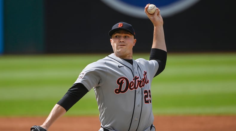 Detroit Tigers starting pitcher Tarik Skubal delivers against the Cleveland Guardians during the first inning of a baseball game, Saturday, June 13, 2026, in Cleveland. (AP Photo/Phil Long)