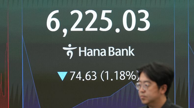 An employee walks past near the screen showing the Korea Composite Stock Price Index (KOSPI) at a dealing room of Hana Bank in Seoul, South Korea, Tuesday, Aug. 11, 2026. (AP Photo/Lee Jin-man)