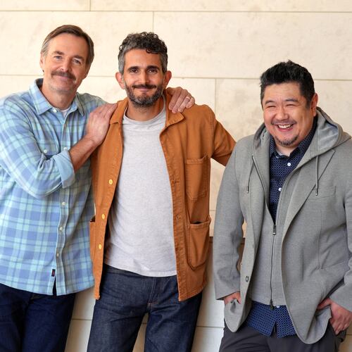 Director Dave Green, center, poses for a portrait with Will Forte, left, and Eric Bauza to promote the film "Coyote vs. Acme" on Tuesday, June 9, 2026, in Los Angeles. (AP Photo/Chris Pizzello)