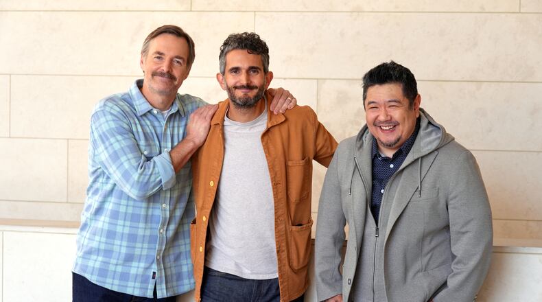 Director Dave Green, center, poses for a portrait with Will Forte, left, and Eric Bauza to promote the film "Coyote vs. Acme" on Tuesday, June 9, 2026, in Los Angeles. (AP Photo/Chris Pizzello)