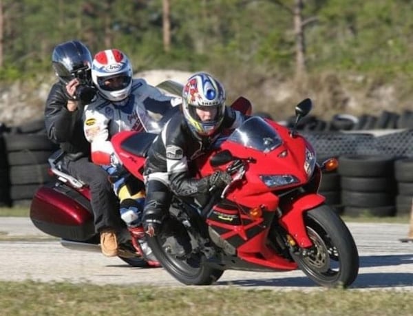 Dagmar Midcap test driving a motorcycle in 2004 for the Canadian show "Driving Television." (Contributed)