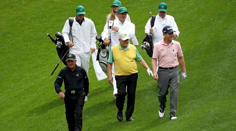 Gary Player, Tom Watson and Jack Nicklaus (left to right)  walk together during the Par 3 Contest prior to the start of the 2018 Masters Tournament at Augusta National Golf Club on April 4, 2018 in Augusta, Georgia.  (Photo by Patrick Smith/Getty Images)