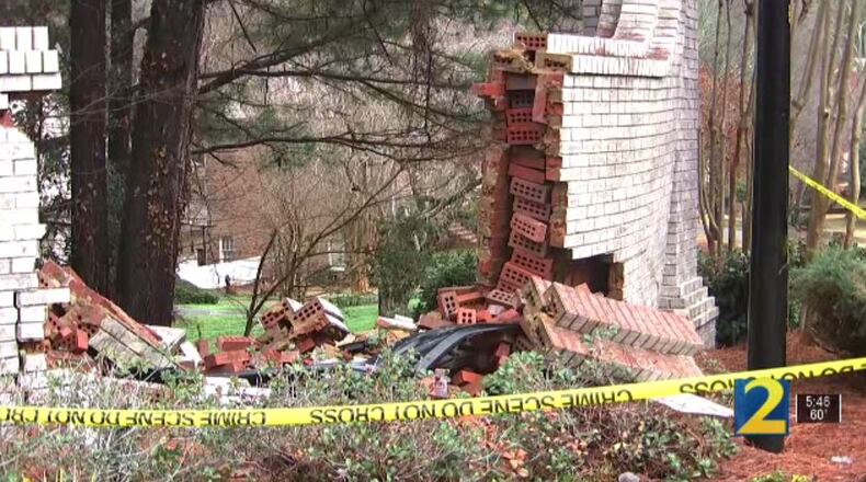 Police have not found the suspects who they say stole a car and crashed it into a neighborhood sign in Roswell.