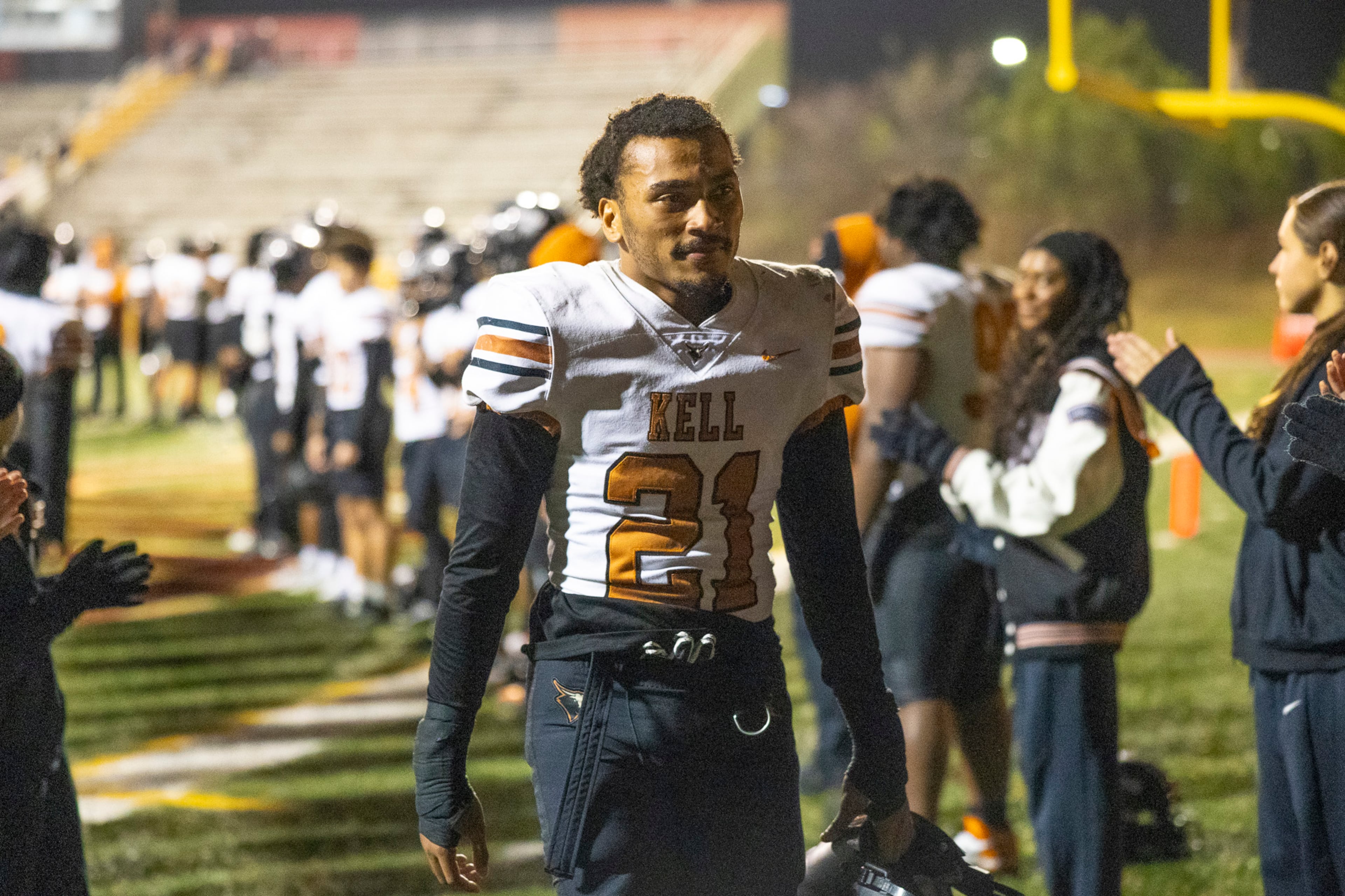 Kell linebacker Jaziah Owens (21) looks on after a hard-fought loss in the class 4A semifinal against Creekside at Creekside High School in Fairburn, GA on Friday, December 5, 2025. (Oscar Guevara Saenz for the AJC)