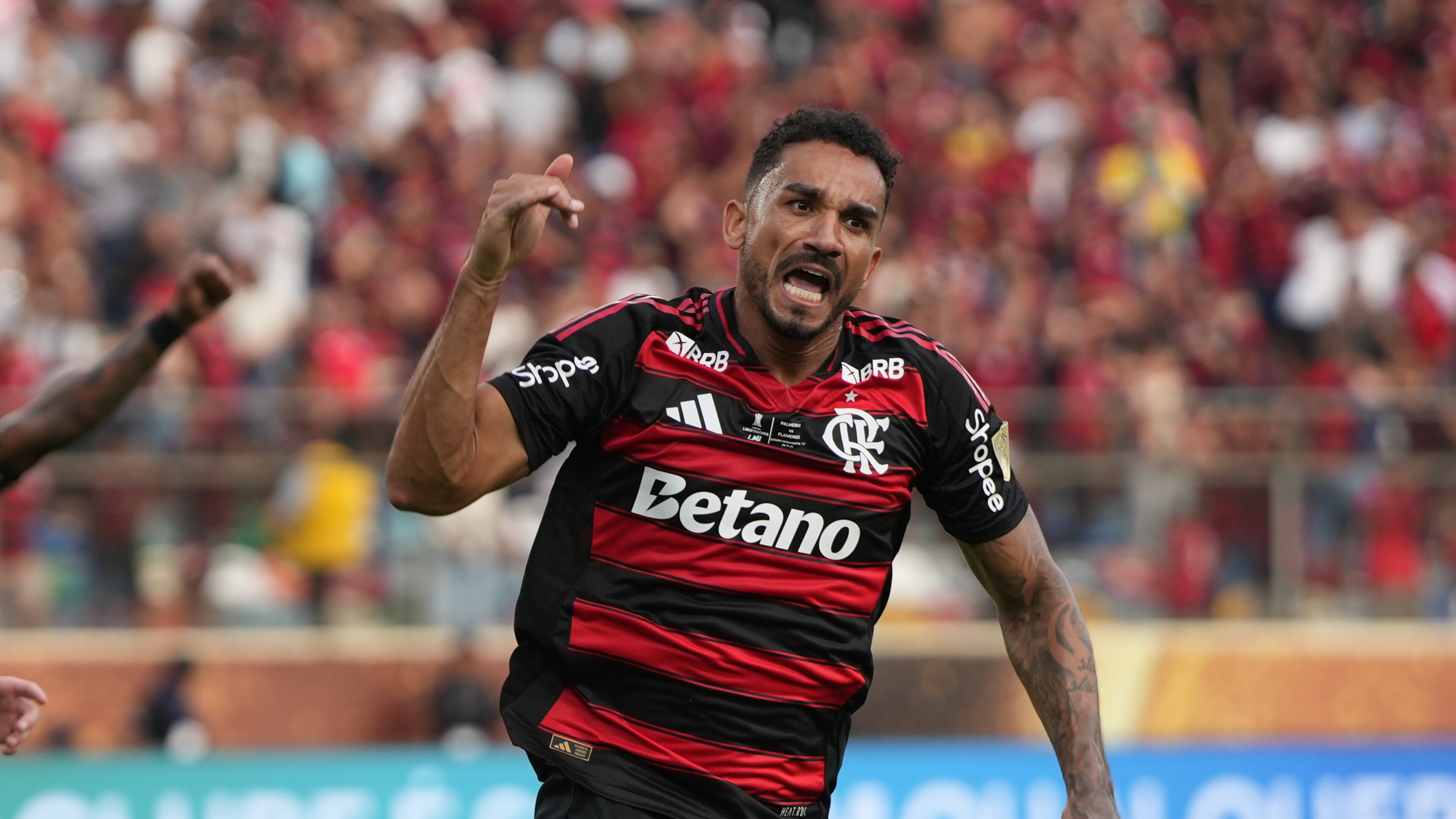 Danilo of Brazil's Flamengo celebrates after scoring his side's opening goal against Brazil's Palmeiras during a Copa Libertadores final soccer match in Lima, Peru, Saturday, Nov. 29, 2025.(AP Photo/Guadalupe Pardo)
