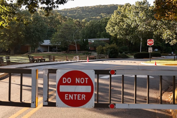 The entrance to the visitor center parking lot at Kennesaw Mountain National Battlefield Park is closed Wednesday, Oct. 1, 2025. Because of the lot closure, visitors faced longer walks to the trailhead. (Natrice Miller/AJC)