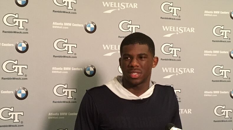 Georgia Tech redshirt freshman cornerback Tre Swilling speaks with media following practice September 4, 2018. (Ken Sugiura/AJC)