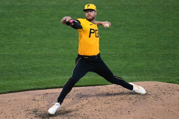 Pittsburgh Pirates pitcher Bailey Falter delivers during the sixth inning of a baseball game against the Atlanta Braves in Pittsburgh, Friday, May 9, 2025. (AP Photo/Gene J. Puskar)
