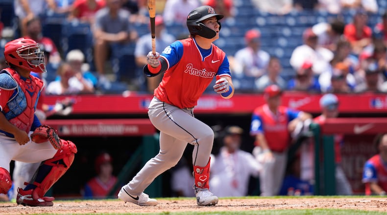 American League's Nathan Flewelling reacts to his two-run home run against National League pitcher Wen-Hui Pan in the sixth inning during the MLB All-Star Futures baseball game Sunday, July 12, 2026, in Philadelphia. (AP Photo/Chris Szagola)