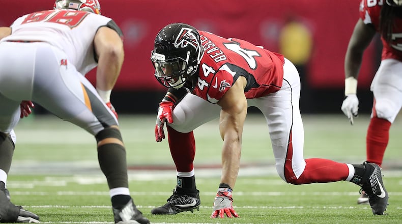 September 11, 2016 ATLANTA: Falcons Vic Beasley Jr., who did not have a stat on the sheet from the game, lines up to rush in the second half against the Buccaneers in an NFL football game on Sunday, Sept. 11, 2016, in Atlanta. Curtis Compton /ccompton@ajc.com