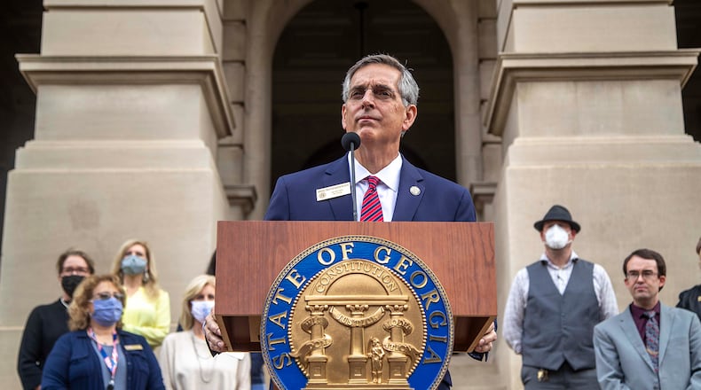 Georgia Secretary of State Brad Raffensperger announces the start of a hand recount of the Nov. 3 presidential election during a briefing outside of the Georgia State Capitol building in Atlanta on Nov. 11, 2020. (Alyssa Pointer/Atlanta Journal-Constitution/TNS)