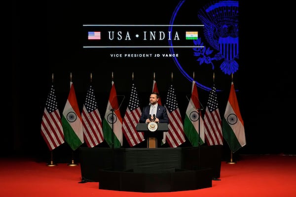U.S. Vice President JD Vance speaks at the Rajasthan International Center in Jaipur, India, Tuesday, April 22, 2025. (AP Photo/Manish Swarup)