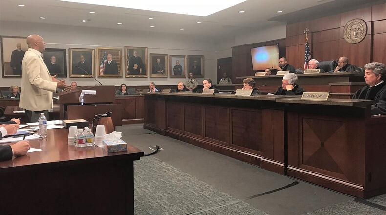 Attorney Dwight Thomas argues during a Georgia Supreme Court hearing on May 21, 2018, that members of the DeKalb Board of Ethics appointed by private groups are serving illegally. TIA MITCHELL/TIA.MITCHELL@AJC.COM