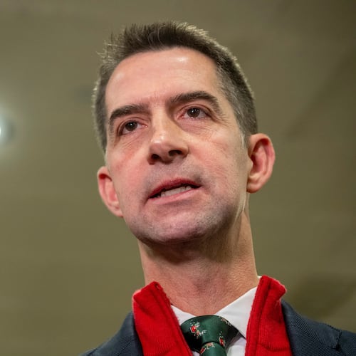 Sen. Tom Cotton, R-Ark., speaks to reporters following a classified briefing for top congressional lawmakers overseeing national security as they investigate how Defense Secretary Pete Hegseth handled a military strike on a suspected drug smuggling boat and its crew in the Caribbean near Venezuela Sept. 2, at the Capitol in Washington, Thursday, Dec. 4, 2025. (AP Photo/Kevin Wolf)