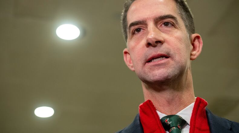 Sen. Tom Cotton, R-Ark., speaks to reporters following a classified briefing for top congressional lawmakers overseeing national security as they investigate how Defense Secretary Pete Hegseth handled a military strike on a suspected drug smuggling boat and its crew in the Caribbean near Venezuela Sept. 2, at the Capitol in Washington, Thursday, Dec. 4, 2025. (AP Photo/Kevin Wolf)