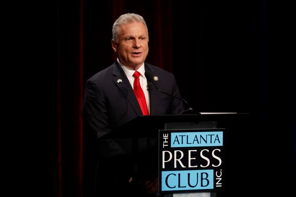 U.S. Rep. Buddy Carter, R-St. Simons Island answers a question during the Atlanta Press Club Loudermilk-Young debate for the U.S. Senate at Georgia Public Broadcasting in Midtown on Sunday, April 26, 2026.  (Miguel Martinez/AJC)