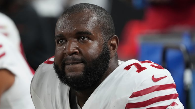 San Francisco 49ers offensive tackle Brandon Parker (75) during the first half of an NFL preseason football game against the Las Vegas Raiders, Friday, Aug 23, 2024, in Las Vegas. The Raiders and 49ers finished in a tie 24-24. (AP Photo/Rick Scuteri)
