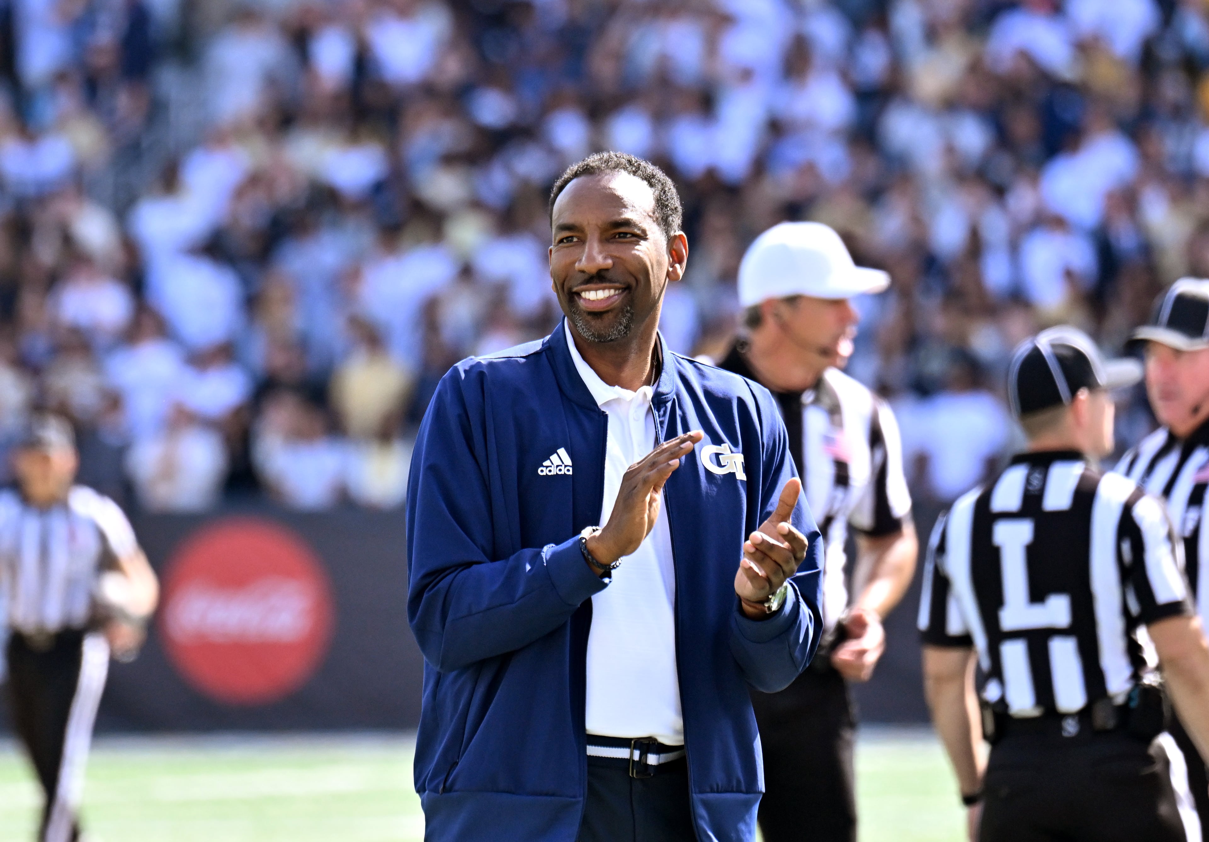 Atlanta Mayor Andre Dickens is recognized during the second half in an NCAA college football game at Bobby Dodd Stadium, Saturday, Oct. 25, 2025 in Atlanta. Georgia Tech won 41-16 over Syracuse. The Yellow Jackets are 8-0 for the first time since 1966 and 5-0 in the ACC for the first time ever. (Hyosub Shin/AJC)