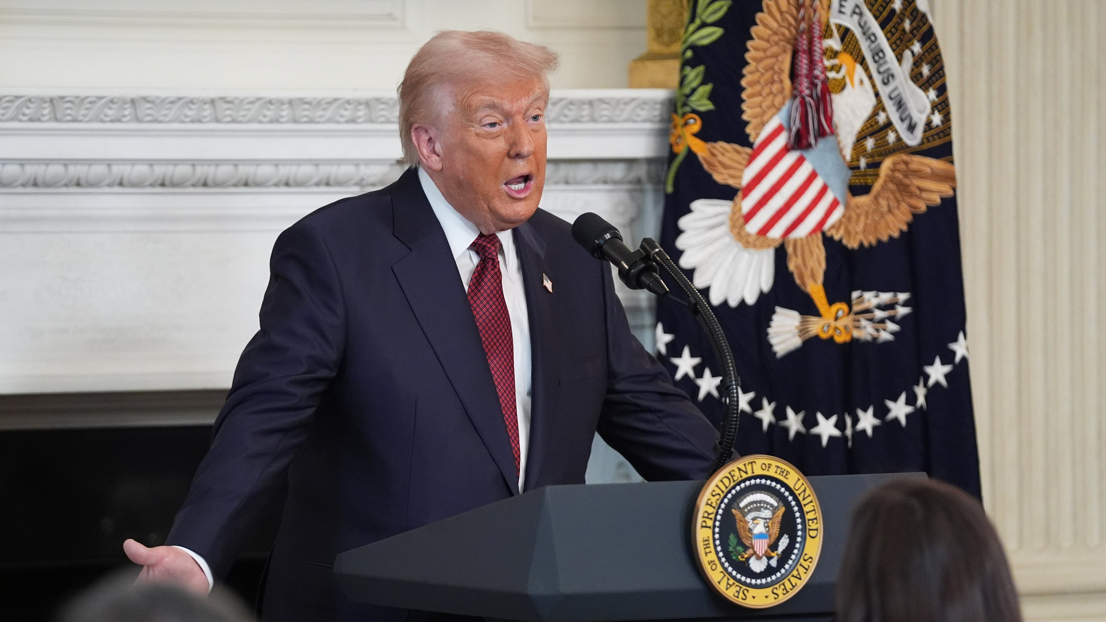President Donald Trump speaks during a breakfast with Senate and House Republicans in the State Dining Room of the White House, Wednesday, Nov. 5, 2025, in Washington. (AP Photo/Evan Vucci)