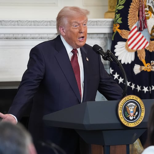President Donald Trump speaks during a breakfast with Senate and House Republicans in the State Dining Room of the White House, Wednesday, Nov. 5, 2025, in Washington. (AP Photo/Evan Vucci)