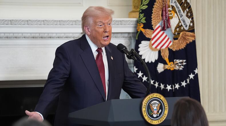 President Donald Trump speaks during a breakfast with Senate and House Republicans in the State Dining Room of the White House, Wednesday, Nov. 5, 2025, in Washington. (AP Photo/Evan Vucci)