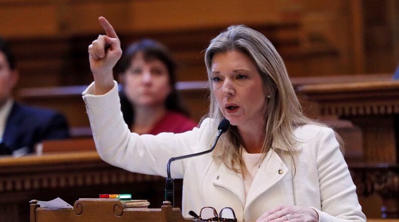 State Sen. Jennifer Jordan, D-Atlanta, delivers the minority report in opposition to HB 481, the anti-abortion "heartbeat" bill.  Bob Andres, bandres@ajc.com