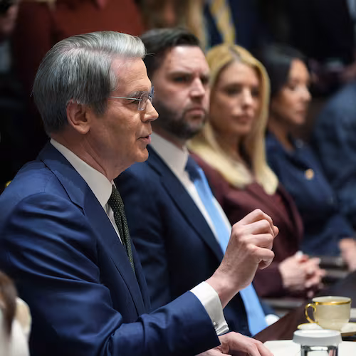 Treasury Secretary Scott Bessent speaks during a Cabinet meeting at the White House, Thursday, March 26, 2026, in Washington. (AP Photo/Alex Brandon)