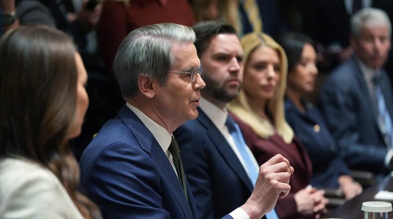 Treasury Secretary Scott Bessent speaks during a Cabinet meeting at the White House, Thursday, March 26, 2026, in Washington. (AP Photo/Alex Brandon)