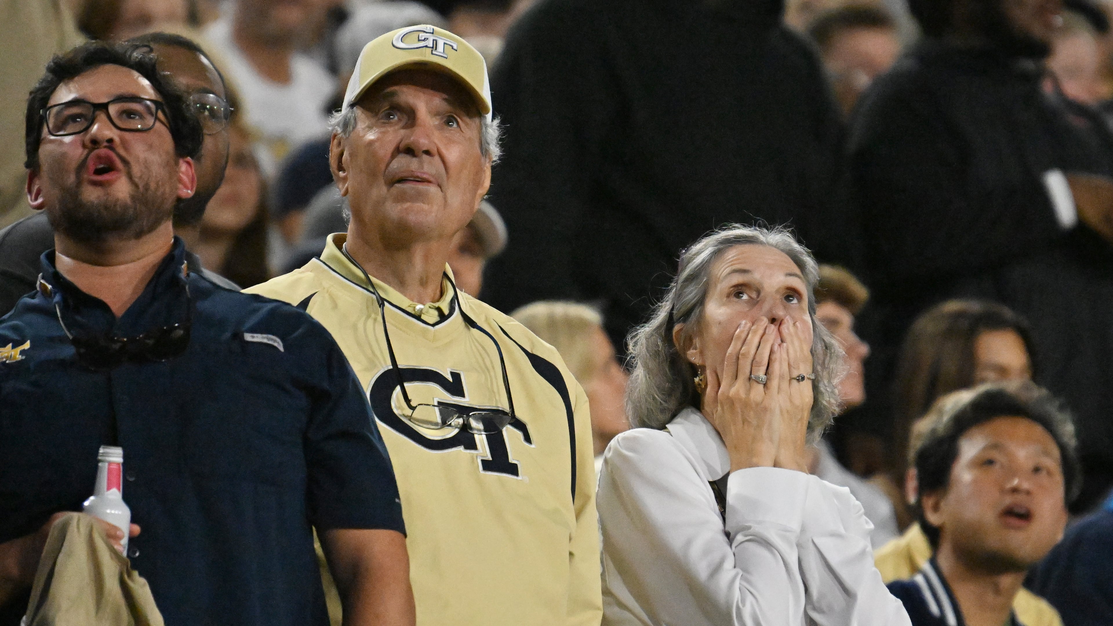 Georgia Tech fans react during the first half in an NCAA college football game at Bobby Dodd Stadium, Saturday, November 22, 2025 in Atlanta. (Hyosub Shin / AJC)