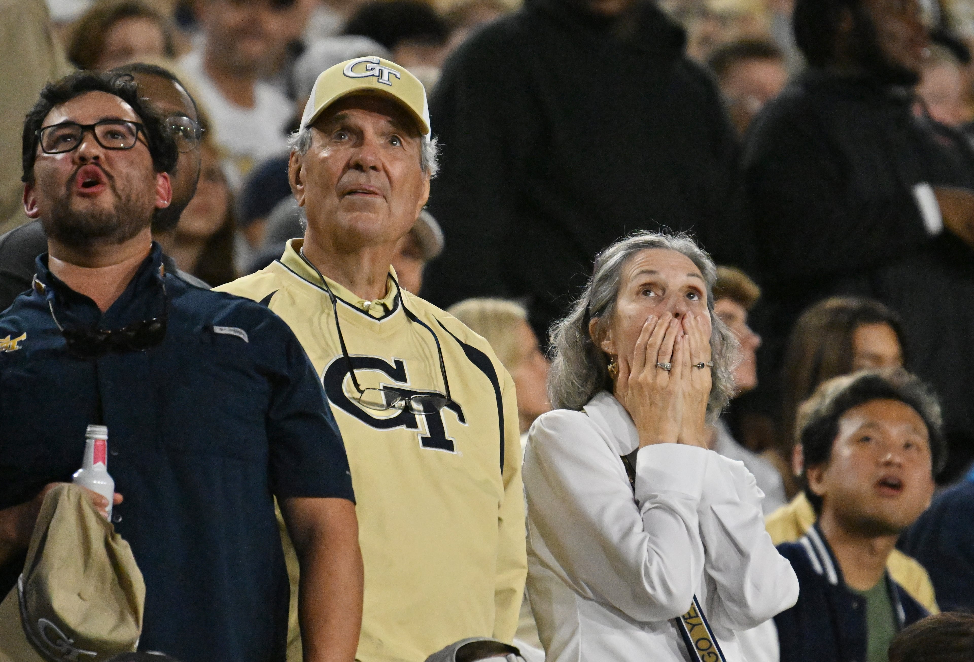 Georgia Tech fans react during the first half in an NCAA college football game at Bobby Dodd Stadium, Saturday, November 22, 2025 in Atlanta. (Hyosub Shin / AJC)