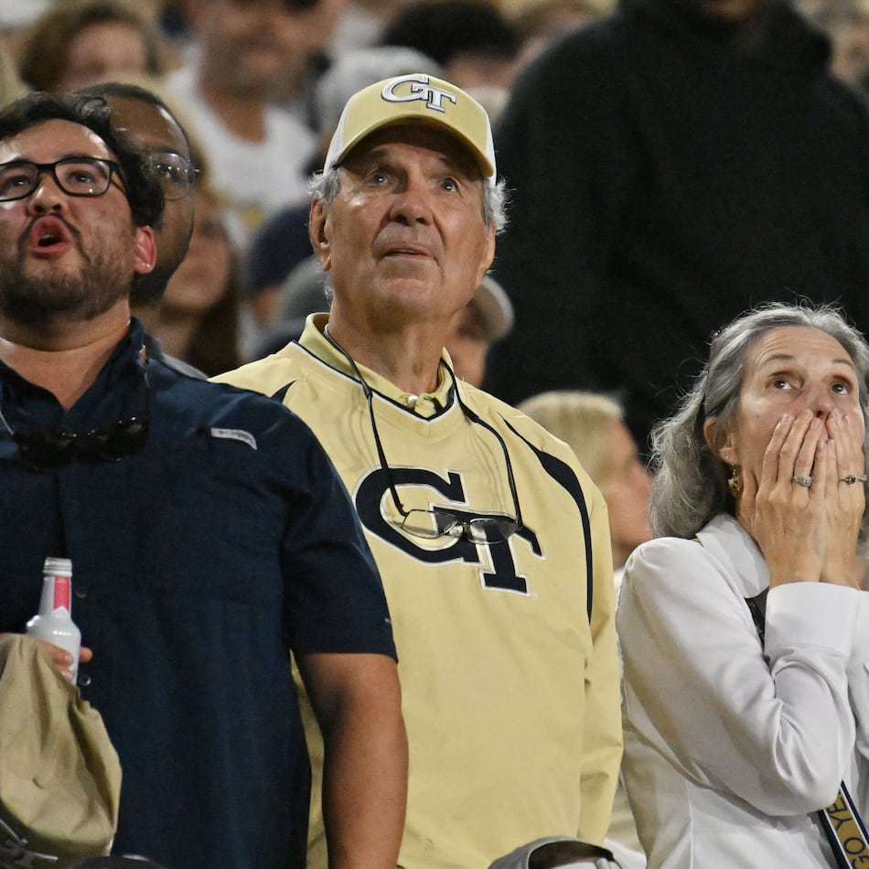Georgia Tech fans react during the first half in an NCAA college football game at Bobby Dodd Stadium, Saturday, November 22, 2025 in Atlanta. (Hyosub Shin / AJC)