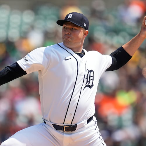 Detroit Tigers pitcher Tarik Skubal throws against the Baltimore Orioles during the first inning of a baseball game Wednesday, July 29, 2026, in Detroit. (AP Photo/Paul Sancya)