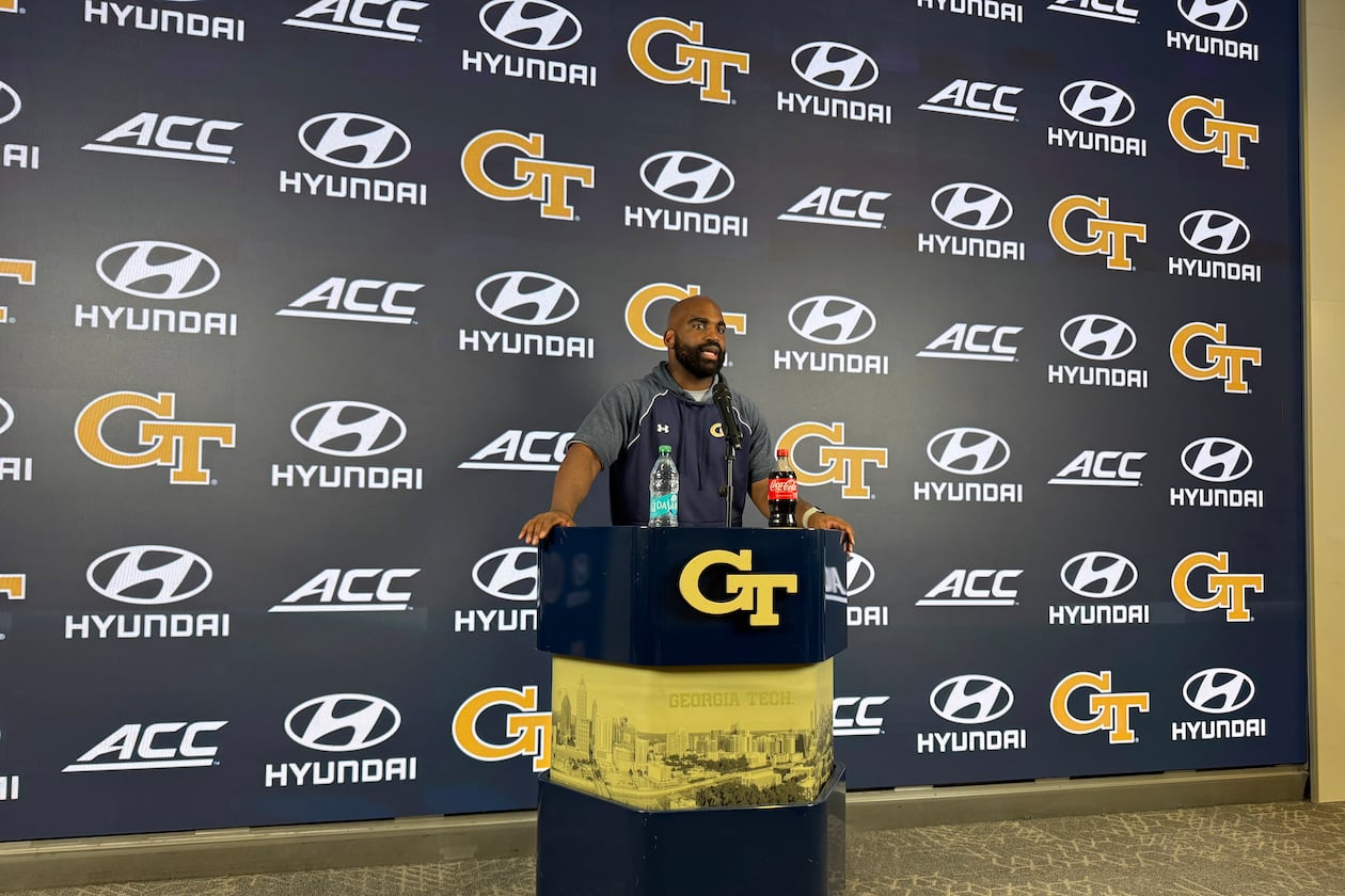 Georgia Tech defensive ends/outside linebackers coach Kyle Pope speaks during a news conference after the Yellow Jackets’ sixth practice of fall camp on Monday, Aug. 10, 2026, in Atlanta. (Fisher Isbell/AJC)