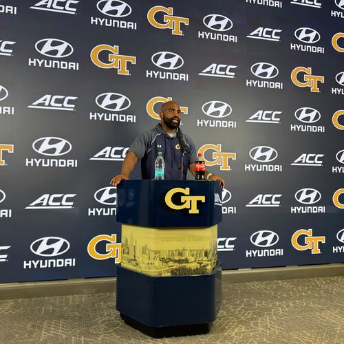 Georgia Tech defensive ends/outside linebackers coach Kyle Pope speaks during a news conference after the Yellow Jackets’ sixth practice of fall camp on Monday, Aug. 10, 2026, in Atlanta. (Fisher Isbell/AJC)