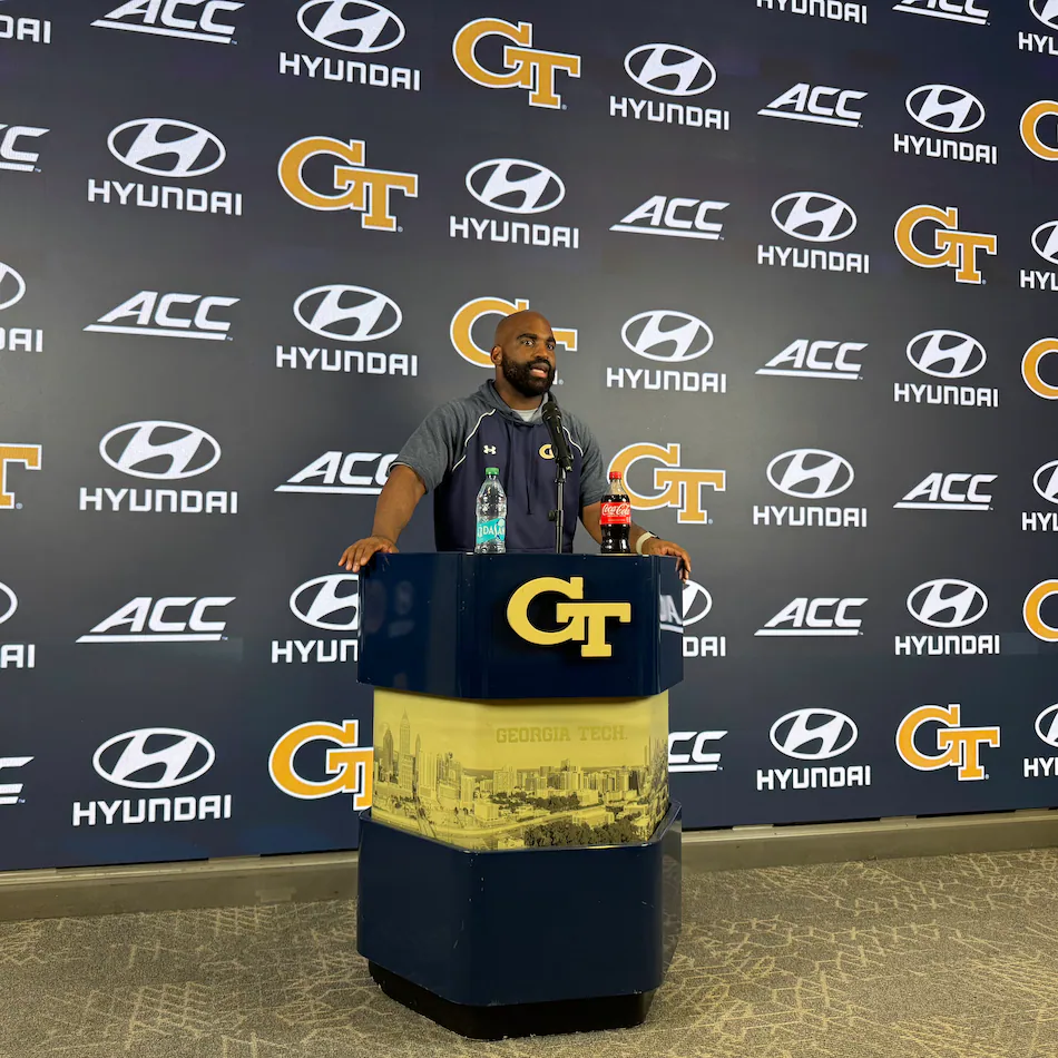 Georgia Tech defensive ends/outside linebackers coach Kyle Pope speaks during a news conference after the Yellow Jackets’ sixth practice of fall camp on Monday, Aug. 10, 2026, in Atlanta. (Fisher Isbell/AJC)