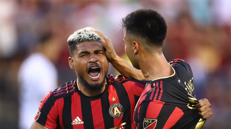 July 10, 2019 Kennesaw: Atlanta United forward Josef Martinez celebrates with Gonzalo Martinez after Martinez scored a goal against St. Louis for a 1-0 lead in their U.S. Open Cup quarterfinals soccer match on Wednesday, July 10, 2019, in Kennesaw. Josef Martinez scored a goal later in stoppage for a 2-0 victory over St. Louis. Curtis Compton/ccompton@ajc.com