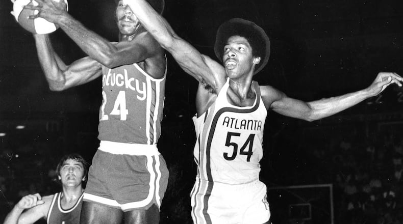 Julius Erving plays for the Hawks in an exhibition game in September 24, 1972 against the Kentucky Colonels. Erving had a very short stint in Atlanta -- just a few pre-season games.
