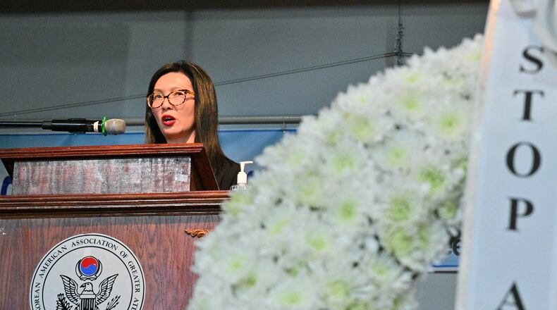 March 16, 2022 Norcross - Georgia Senator Michelle Au speaks during the Commemoration of the March 16 Atlanta Shooting at Korean American Center in Nocross on Wednesday, March 16, 2022. (Hyosub Shin / Hyosub.Shin@ajc.com)
