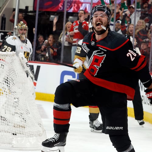 Carolina Hurricanes' Sebastian Aho (20) celebrates after his goal during the second period in Game 5 of the NHL hockey Stanley Cup Final series against the Vegas Golden Knights in Raleigh, N.C., Thursday, June 11, 2026. (AP Photo/Karl DeBlaker)