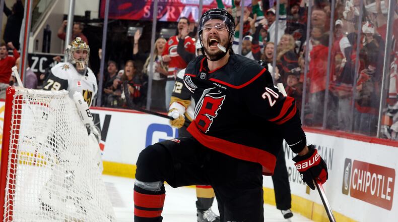 Carolina Hurricanes' Sebastian Aho (20) celebrates after his goal during the second period in Game 5 of the NHL hockey Stanley Cup Final series against the Vegas Golden Knights in Raleigh, N.C., Thursday, June 11, 2026. (AP Photo/Karl DeBlaker)